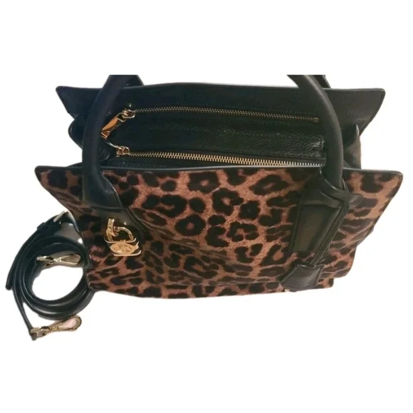 Michael Kors Black Leather Leopard Haircalf Satchel with Long Crossbody Strap - Picture 5 of 16
